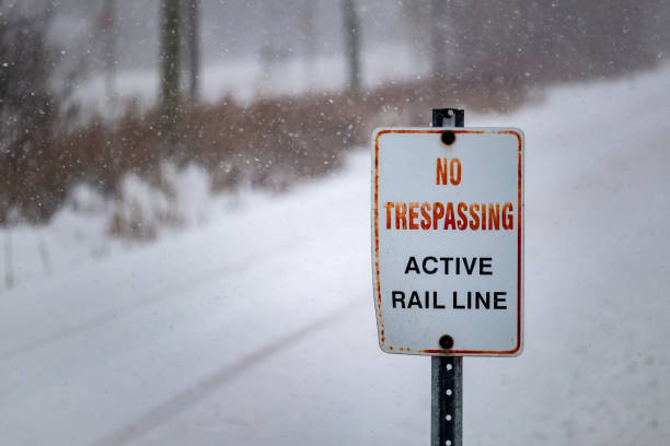 istock No Trespassing: Active Rail Line on sign in winter 1205379153