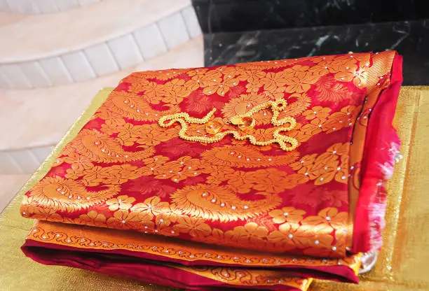 Manthrakodi(literally meaning blessed new cloth) is the special name given to the sari which the bride is given just after the groom ties the minnu(synonymous to thali in hindu weddings)