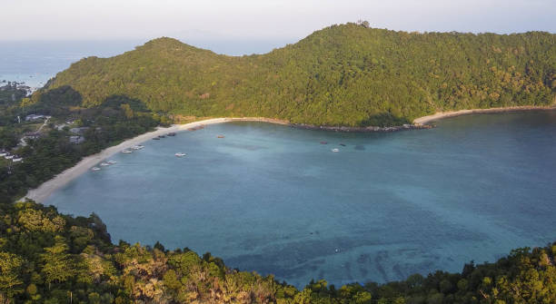 Phi Phi Don, Thailand. Aerial view of famous Nui Beach at sunset