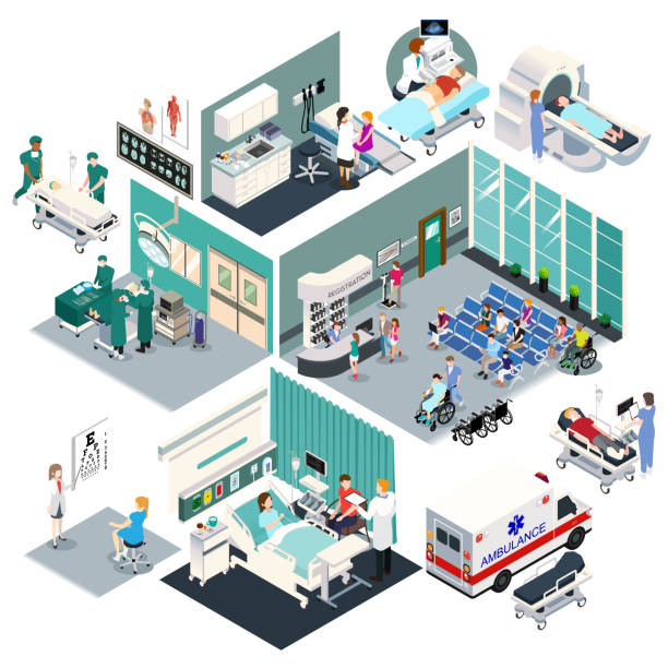 illustrations, cliparts, dessins animés et icônes de conception isométrique d’une illustration de vecteur d’hôpital - emergency room illustrations
