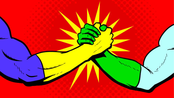 Vector Superhero Bro Handshake Stock Illustration A retro pop art style illustration of two superheroes shaking hands bro-handshake style with halftone pattern in the background. Easy to edit. heroes illustrations stock illustrations