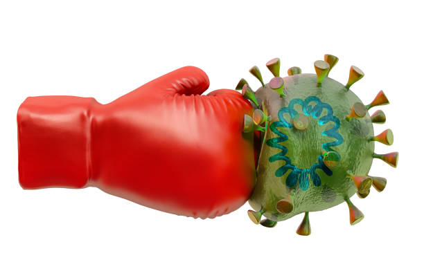 istock Boxing glove with and coronavirus, 3D rendering isolated on white background 1205385460