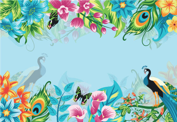 ilustraciones, imágenes clip art, dibujos animados e iconos de stock de estandarte de fondo tropical de verano con flores y pavo real - abstract flower tropical climate single flower