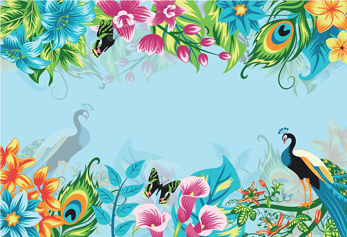 Summer tropical background banner with flowers and peacock