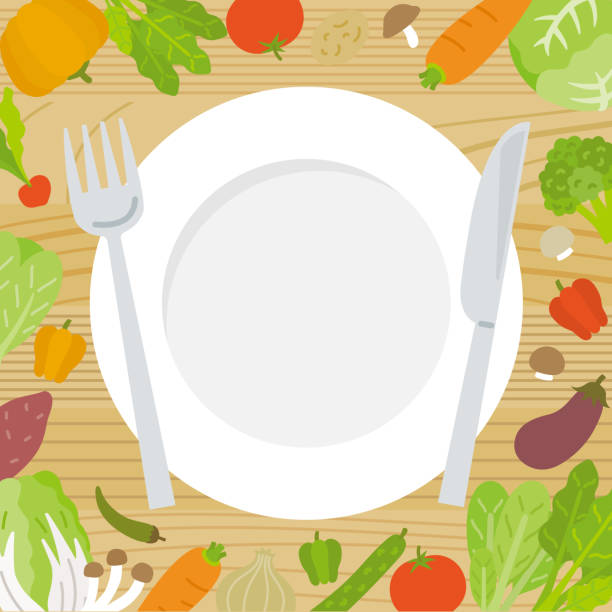 ilustrações de stock, clip art, desenhos animados e ícones de vegetable frame with white dish on the table - vegetables table