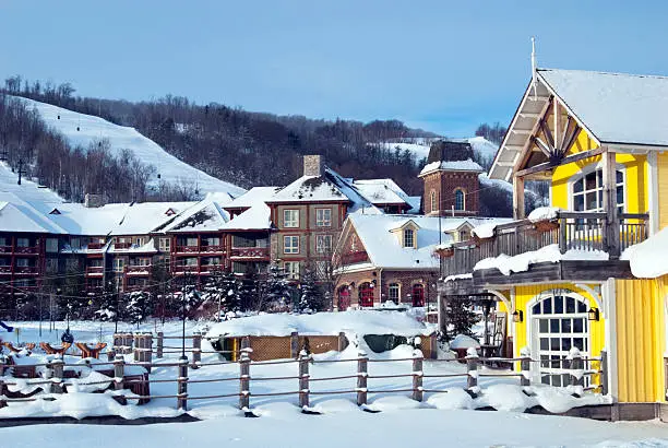 A snow scene of the Village at Blue Mountain Resort in Collingwood, Ontario.