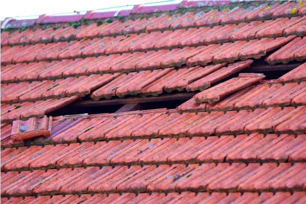Home roof damage after storm. fallen shingles on house stock photo