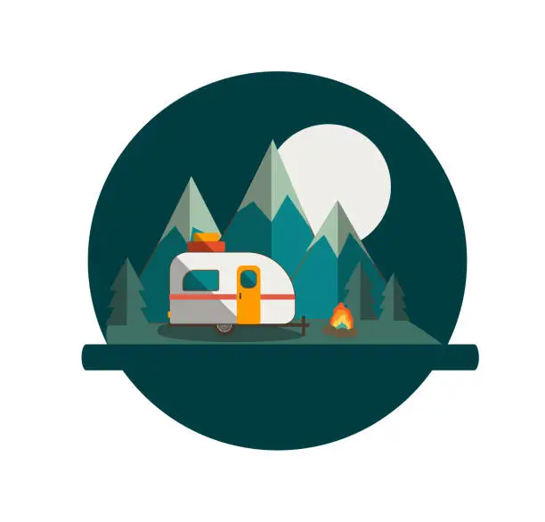 Vector illustration of Camper Trailer Mountains and Moon