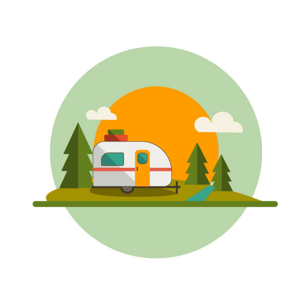 ilustraciones, imágenes clip art, dibujos animados e iconos de stock de camper trailer forest and sun - rv