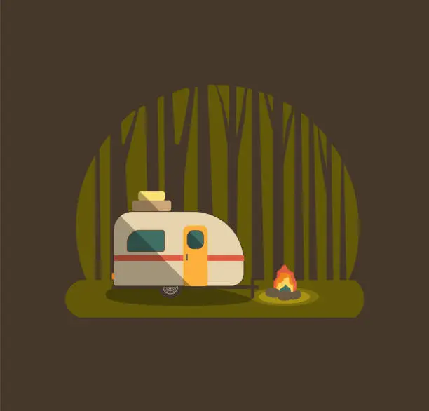 Vector illustration of Camper Trailer In The Woods