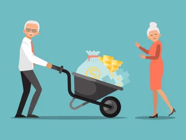 Vector illustration of Pension fund investment. Old man pushing wheelbarrow with money in bank. Financial system for senior citizen, helping from government