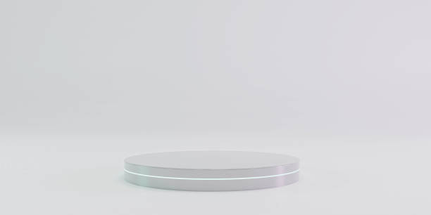 istock abstract modern futuristic round white metal podium with blue neon lighting. minimal studio with white pedestal in white room. 3D render illustration 1205393272