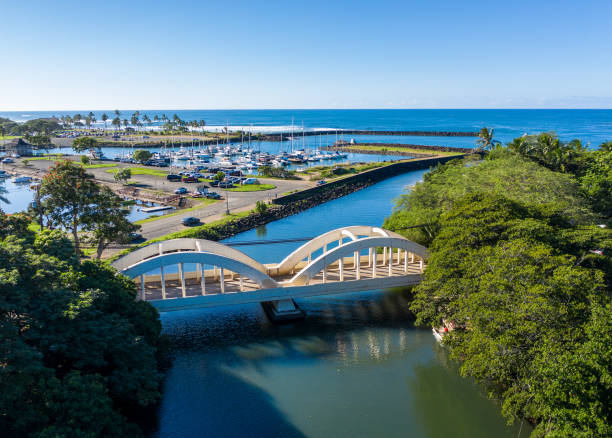 Twin arched bridge over the river Anahulu in Haleiwa on Oahu stock photo