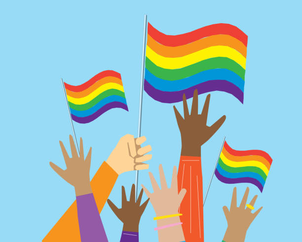 Group of multicultural Gay Pride protesters or activists hands in the air Vector illustration of a Group of multicultural Gay Pride protesters or activists hands in the air. Can be used for Gay Pride celebration or Gay social rallies. Includes fully editable. vector eps 10. lgbtqia pride event illustrations stock illustrations