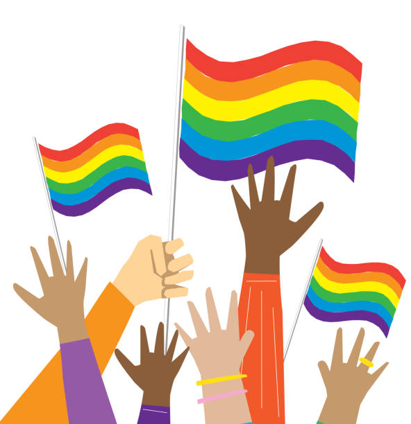 gruppe multikultureller gay pride-demonstranten oder aktivisten in der luft - gay pride flag illustrations stock-grafiken, -clipart, -cartoons und -symbole
