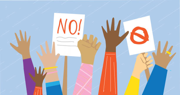 istock Group of multicultural protesters or activists hands holding banners signs or placards 1205394259