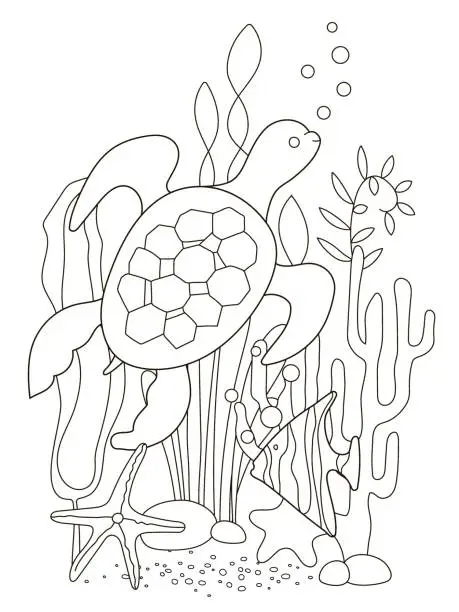 Vector illustration of Vector beautiful coloring book for adults and children with a turtle and fish among algae, starfish and corals. A series of coloring books with marine animals.Creative biology education.