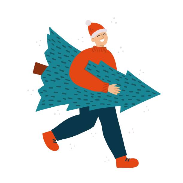 istock Smiling man carrying Christmas tree. Preparation for holidays concept for card, textile, banner, advertisement 1205401265