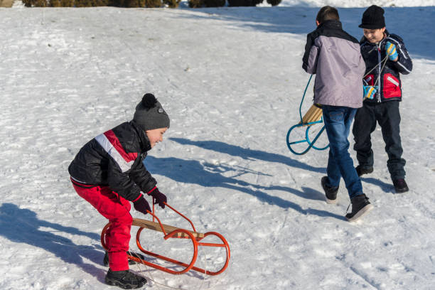 istock Happy children playing in the snow 1205401694