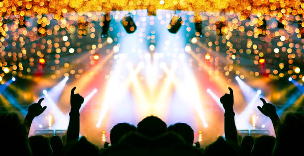 Concert stage, people are visible waving and clapping, silhouettes are visible