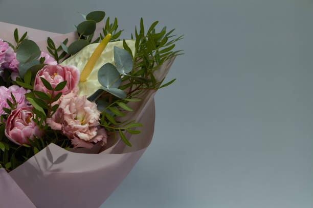 istock Beautiful bridal bouquet in vintage style, light gray background, selective focus 1205403018