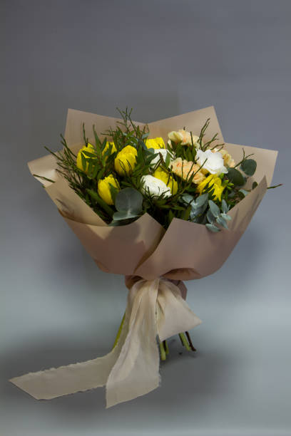 istock Beautiful bouquet in vintage style, light gray background, selective focus 1205403046