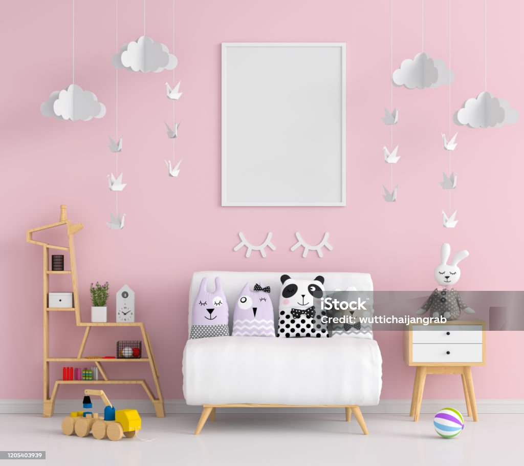 Leere Fotorahmen für Mockup in rosa Kinderzimmer - Lizenzfrei Wohnraum Stock-Foto