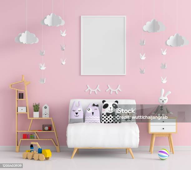 Leere Fotorahmen Für Mockup In Rosa Kinderzimmer Stockfoto und mehr Bilder von Wohnraum - Wohnraum, Kind, Baby