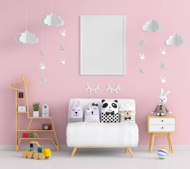 cornice bianca per mockup in camera bambino rosa - domestic room child furniture nobody foto e immagini stock