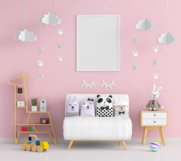 пустая фоторамка для макета в розовой детской комнате - childrens furniture стоковые фото и изображения