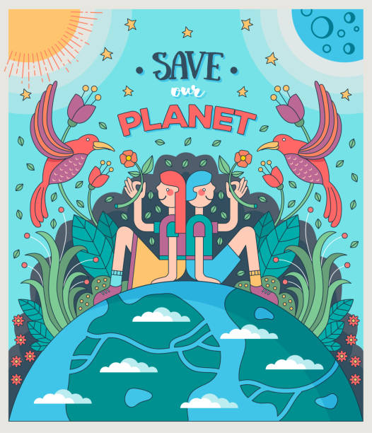 Save our planet. Girl and boy sitting on Earth offering flowers to birds, surrounded by plants, Sun and Moon. Conservation of nature, ecology concept. Save our planet. Girl and boy sitting on Earth offering flowers to birds, surrounded by plants, Sun and Moon. Conservation of nature, ecology concept. Vector illustration. cartoon earth happy planet stock illustrations