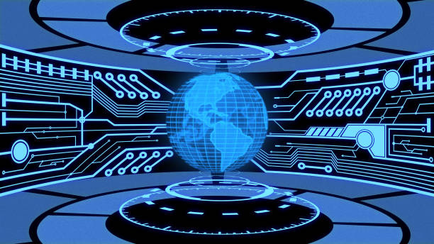 istock 3D Digital Earth Sphere US Continent map in Blue Color with Futuristic Digital HUD in High Tech lab background. 1205404297