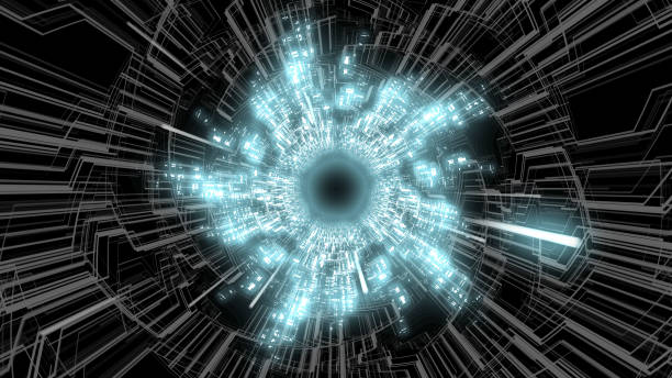 istock 3D Futuristic Circular Digital Tunnel Wave Travel with Complex Digital Circuit Board in Light Blue Color Version 2 of 4 (Half Wave) 1205404418