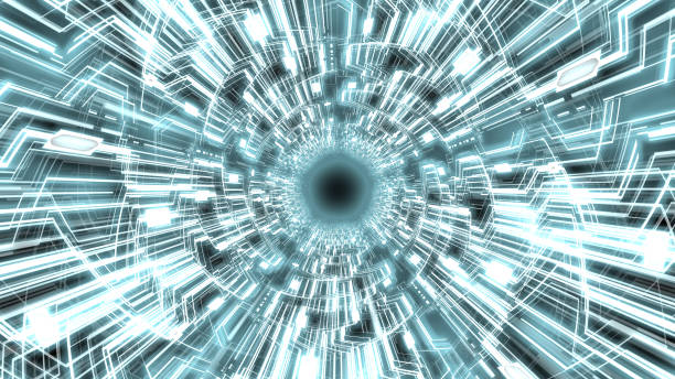 istock 3D Futuristic Circular Digital Tunnel Wave Travel with Complex Digital Circuit Board in Light Blue Color Version 4 of 4 (Full Wave) 1205404435