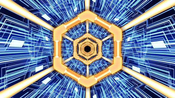 istock Abstract 3D Digital tunnel with Hexagon Ring Borders and Circuit Board in futuristic design (orange-blue) 1205404446