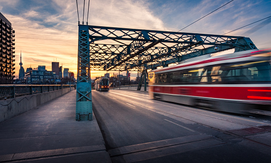 Street Car Speeding by on the Queen St. Viaduct in Toronto, Canada