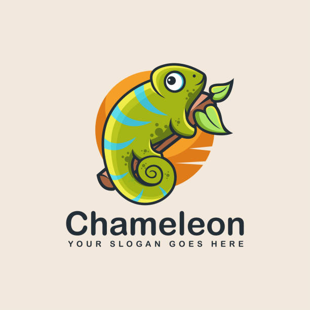 楽しいカメレオンマスコット漫画のロゴ - chameleon africa rainforest leaf点のイラスト素材／クリップアート素材／マンガ素材／アイコン素材