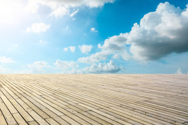 Wooden deck with green nature on the background