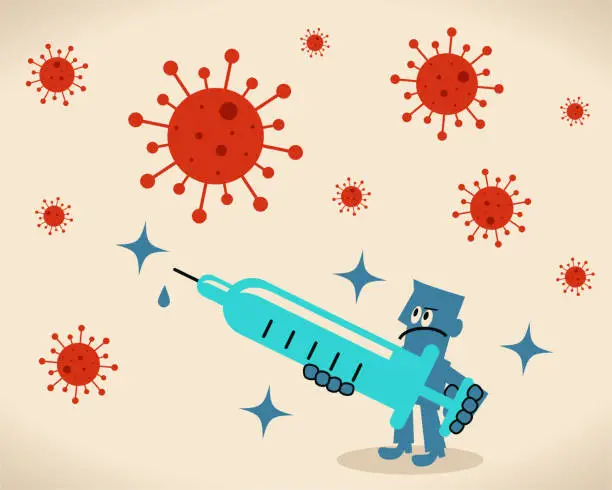 Vector illustration of Scientist (doctor, biochemist) holding a big syringe, concept about a vaccine for new virus and coronavirus