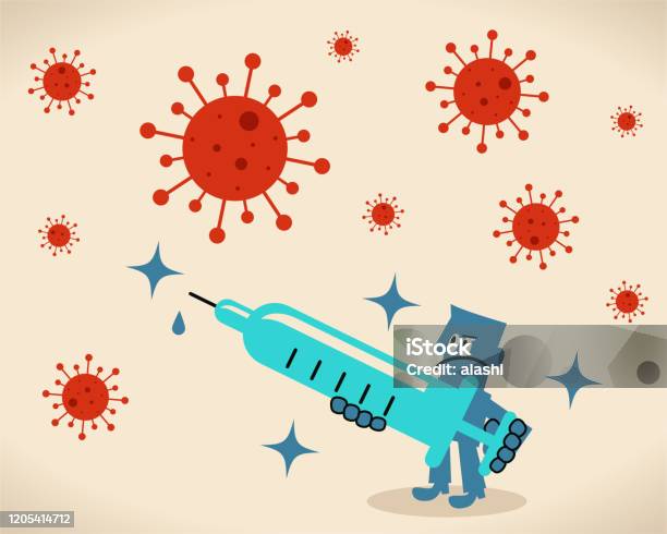 科學家醫生生物化學家拿著一個大注射器關於新病毒和冠狀病毒疫苗的概念向量圖形及更多病毒圖片 - 病毒, 插圖, 矢量圖