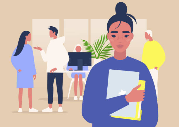 A portrait of a young female manager holding a laptop and folders, a group of coworkers on background, daily office life A portrait of a young female manager holding a laptop and folders, a group of coworkers on background, daily office life gen z stock illustrations