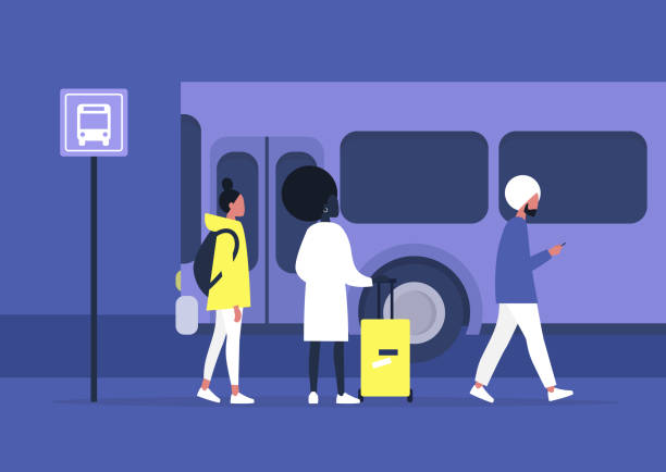 ilustraciones, imágenes clip art, dibujos animados e iconos de stock de viaje diario, transporte público, un grupo diverso de personajes esperando el autobús en la estación - transporte público