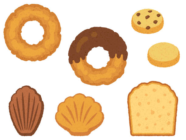 Hand drawn style vector illustration set of donut and baked confectionery This is a hand drawn style vector illustration set of donut and baked confectionery (cookie, Madeleine, pound cake). sable stock illustrations