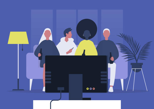 person presenting clipart A diverse group of young adult friends watching TV and drinking beer, home party A diverse group of young adult friends watching TV and drinking beer, home party person presenting silhouette stock illustrations