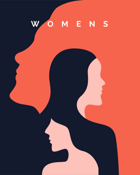 ilustraciones, imágenes clip art, dibujos animados e iconos de stock de diseño de fondo de cartel de la campaña del día de las mujeres con dos chicas de pelo largo con ilustración vectorial de la silueta de la cara. - woman silhouette