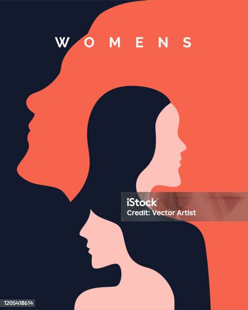 Womens Day Campaign Poster Background Design With Two Long Hair Girl With Face Silhouette Vector Illustration Stock Illustration - Download Image Now