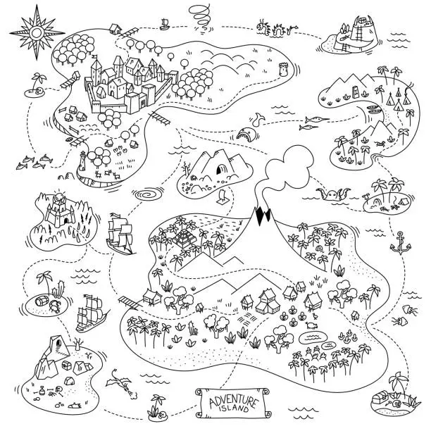 Vector illustration of Adventure island map. Board game. Fantasy area games kit. Pirates, sea monsters, mountains and medieval city. Cartoon hand drawn sketch vector black line.