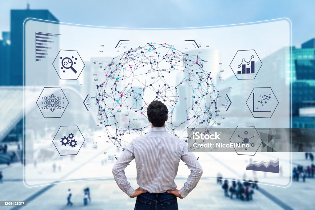 Big Data Analytics Visualisierungstechnologie mit Wissenschaftlern, die die Informationsstruktur auf dem Bildschirm mit maschinellem Lernen analysieren, um strategische Vorhersagen für Unternehmen, Finanzen, das Internet der Dinge zu extrahieren - Lizenzfrei Daten Stock-Foto