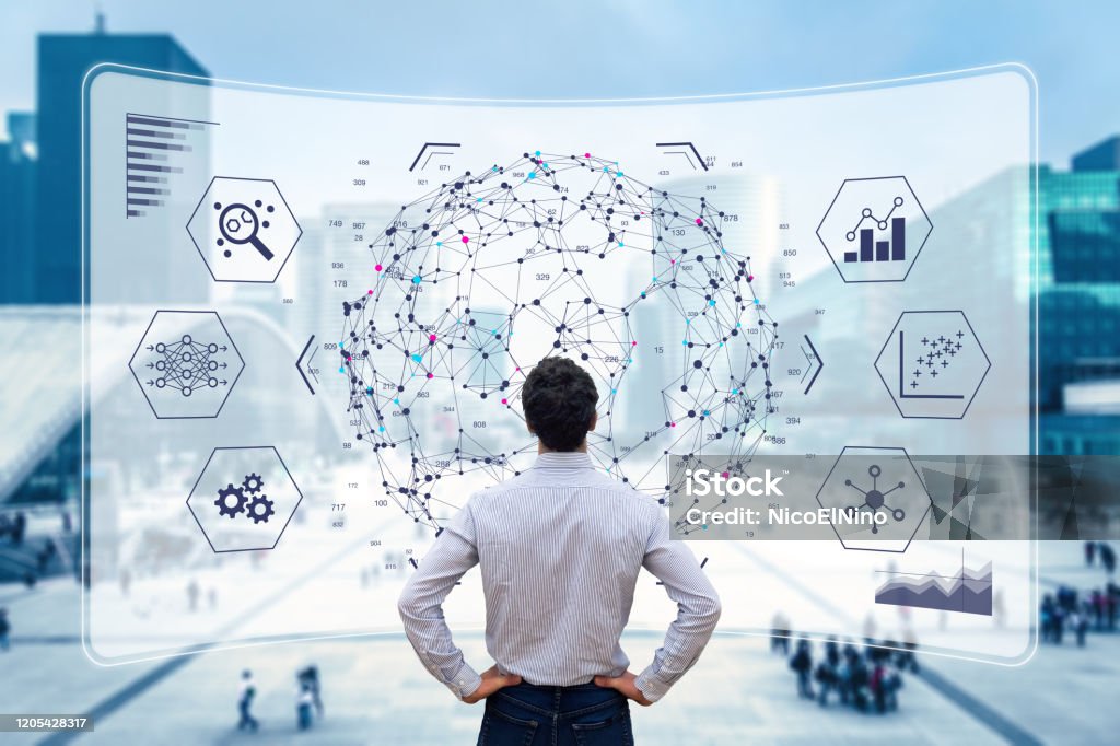 Visualiseringsteknik för big dataanalys med forskare som analyserar informationsstruktur på skärmen med maskininlärning för att extrahera strategisk förutsägelse för företag, finans, sakernas internet - Royaltyfri Data Bildbanksbilder