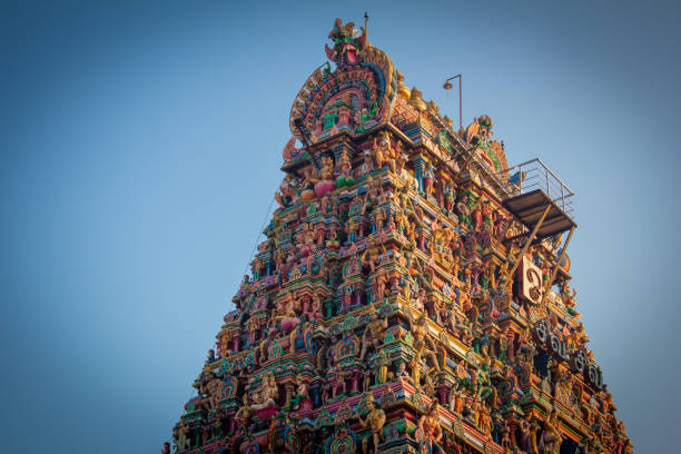 Beautiful view of the gopuram (tower) of Kapaleeswarar Temple, Mylapore, Chennai, India Beautiful view of the gopuram (tower) of Kapaleeswarar Temple, Mylapore, Chennai, India kapaleeswarar temple photos stock pictures, royalty-free photos & images